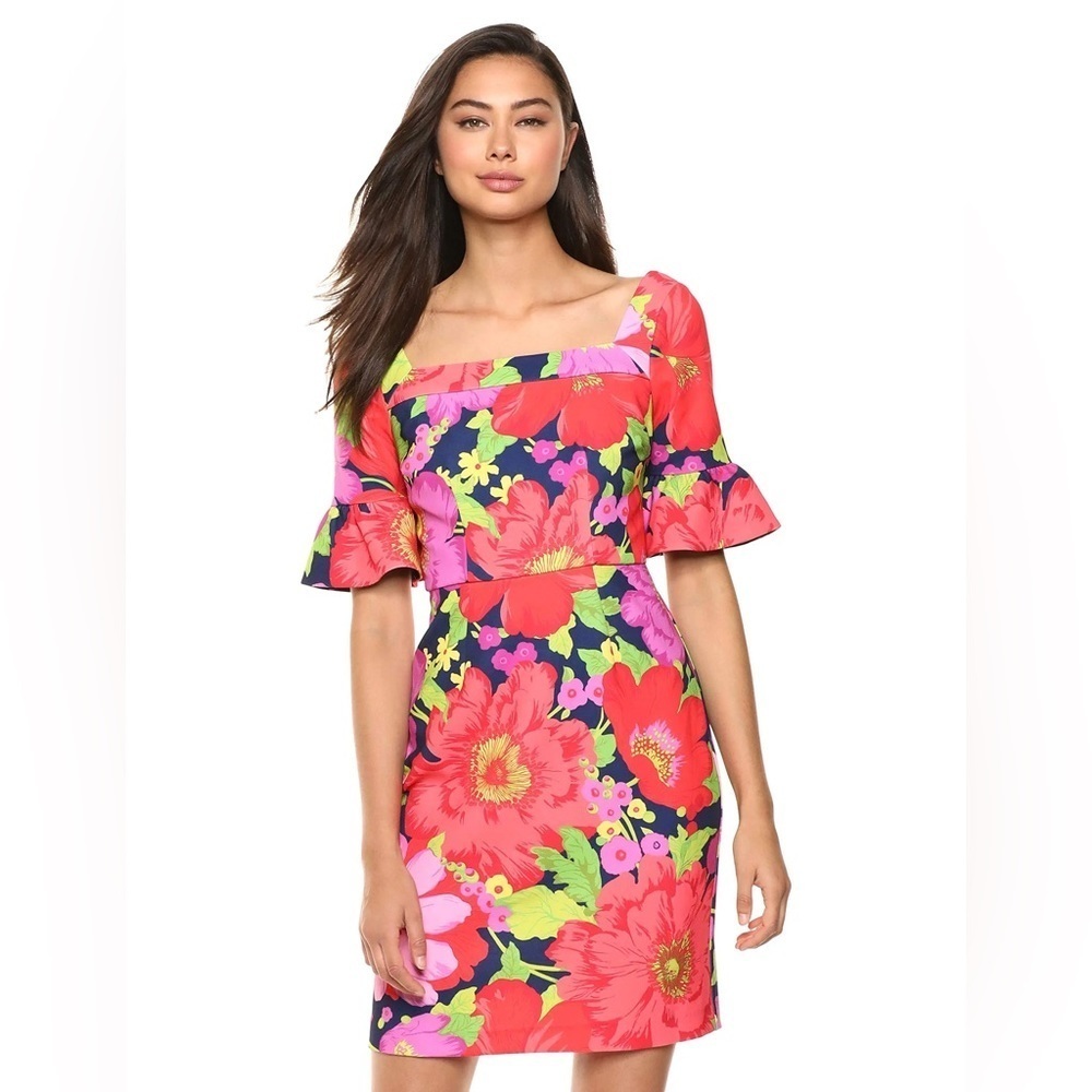 Trina Turk Women's Kanan Square Neck Ruffle Sleeve Shift Dress